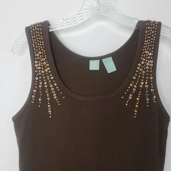 STO Women's Chocolate Sequined Scoop Neck Cotton Shell Shirt Blouse Tank Top - Picture 2 of 11
